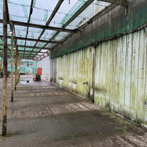 Algebelagt facade bag butikken hos Billig Blomst i Kolding – tydeligt behov for facaderens.